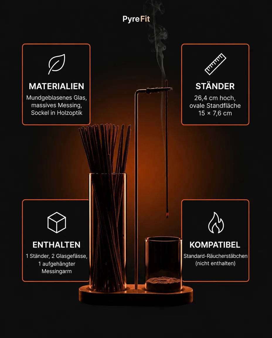 Räucherstäbchenhalter aus Messing und Holz – Glasschale fängt die Asche sauber auf – Produktbild 8
