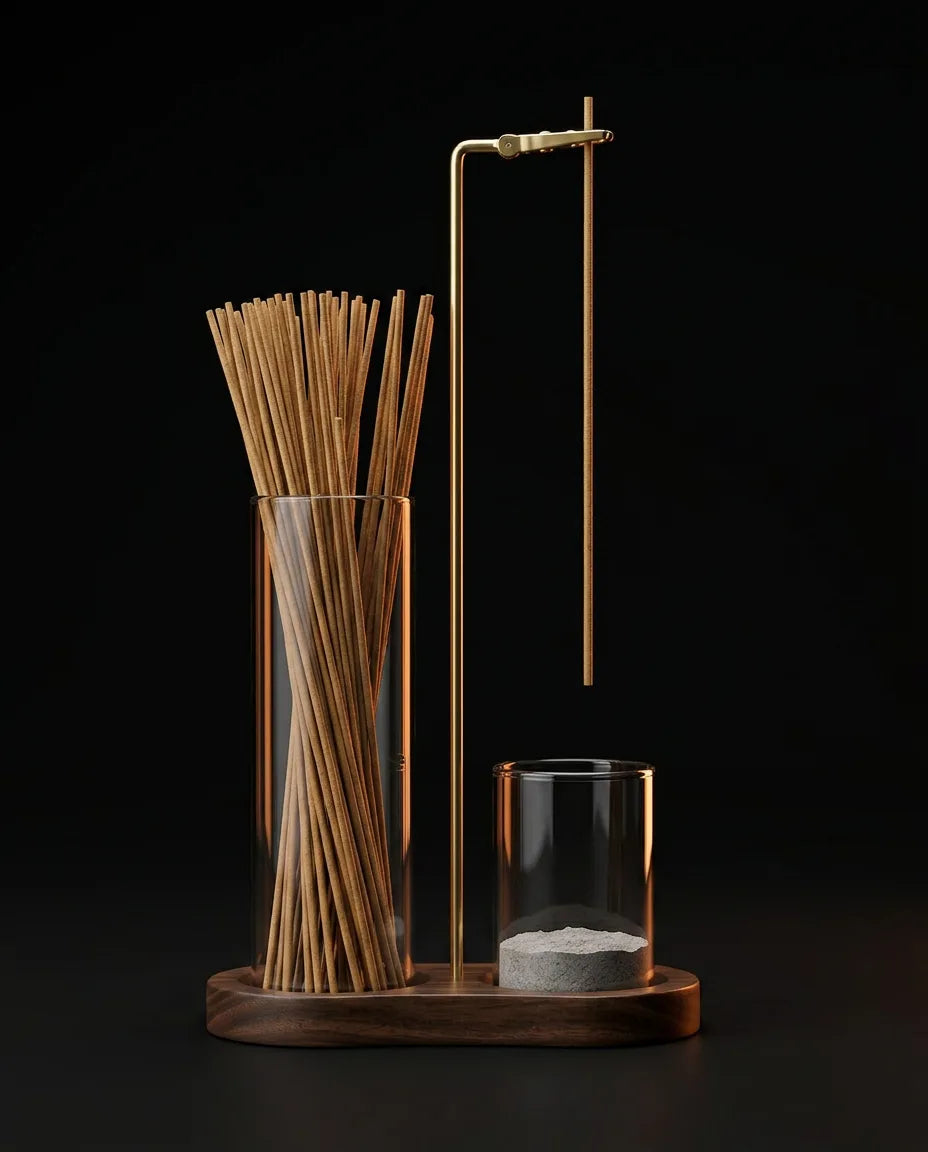 Räucherstäbchenhalter aus Messing und Holz – Glasschale fängt die Asche sauber auf – Produktbild 9