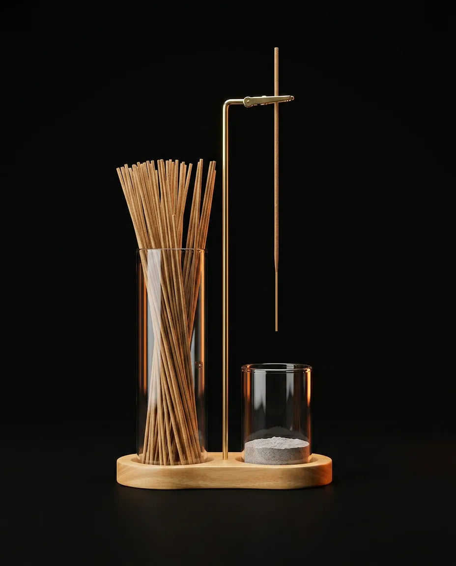 Räucherstäbchenhalter aus Messing und Holz – Glasschale fängt die Asche sauber auf – Produktbild 10