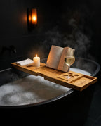 Badewannenablage aus Bambus – ausziehbar mit Platz für Buch, Tablet, Glas und Kerzen – Produktbild 2