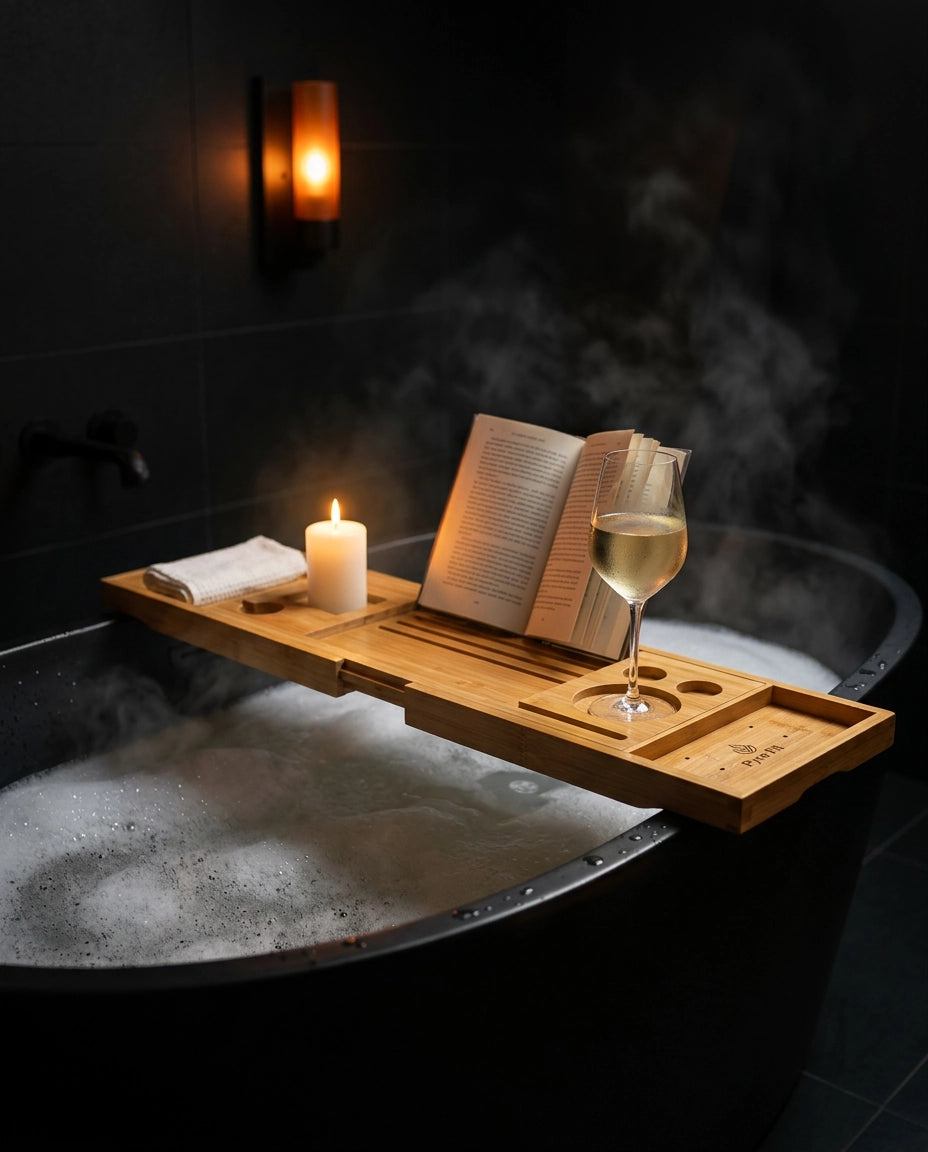 Badewannenablage aus Bambus – ausziehbar mit Platz für Buch, Tablet, Glas und Kerzen – Produktbild 2