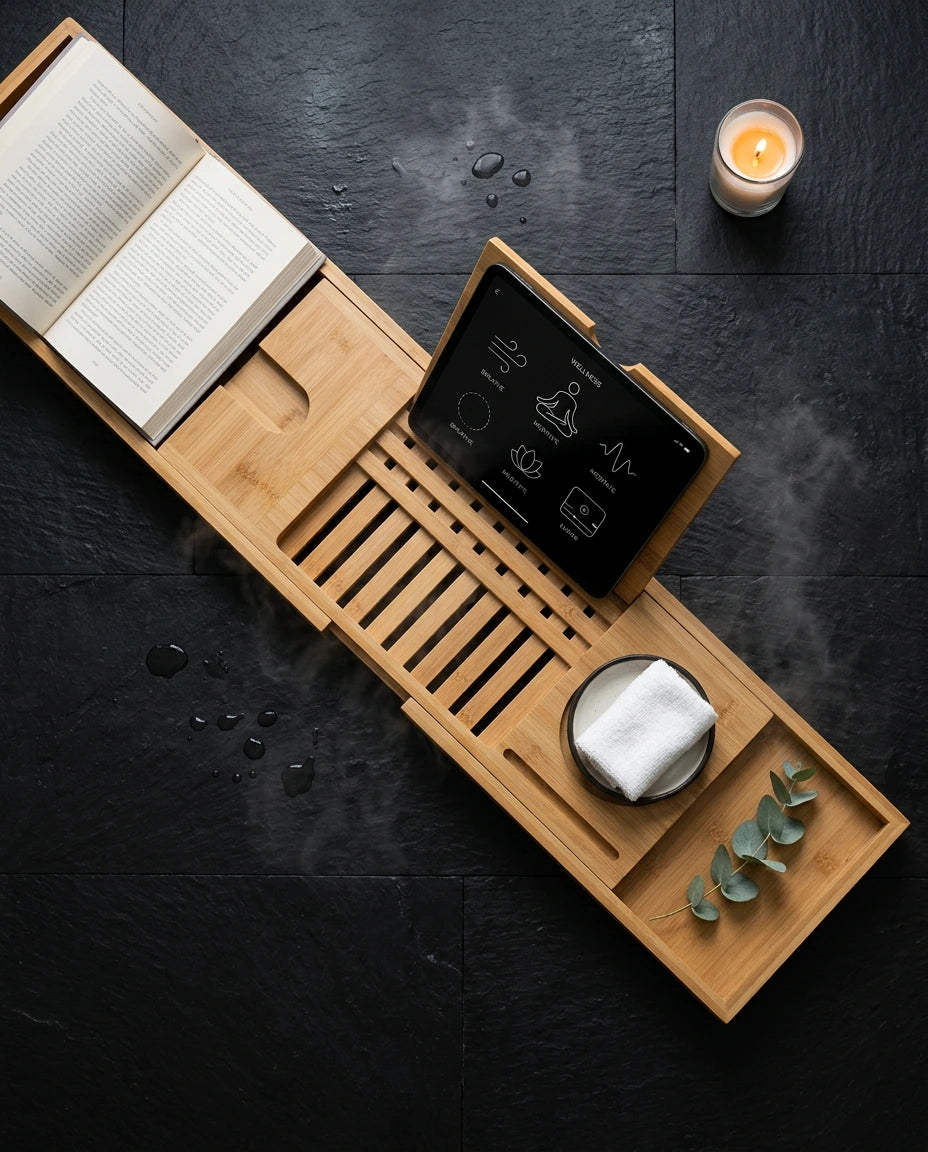 Badewannenablage aus Bambus – ausziehbar mit Platz für Buch, Tablet, Glas und Kerzen – Produktbild 9
