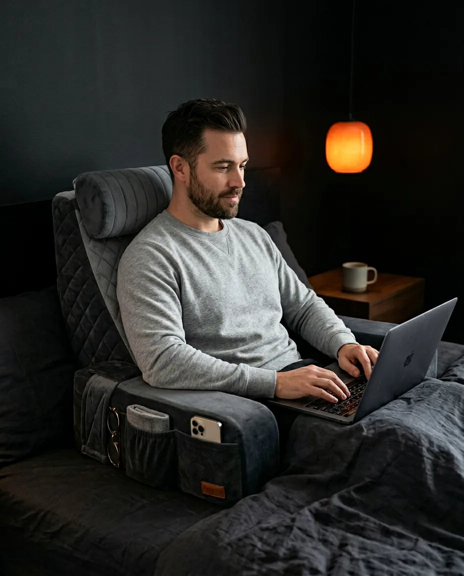 Lesekissen fürs Bett mit Memory-Schaum – aufrechte Stütze mit Armlehnen und Seitentaschen – Produktbild 3