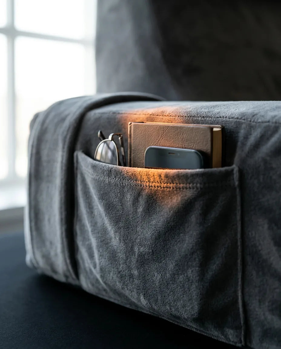 Lesekissen fürs Bett mit Memory-Schaum – aufrechte Stütze mit Armlehnen und Seitentaschen – Produktbild 5