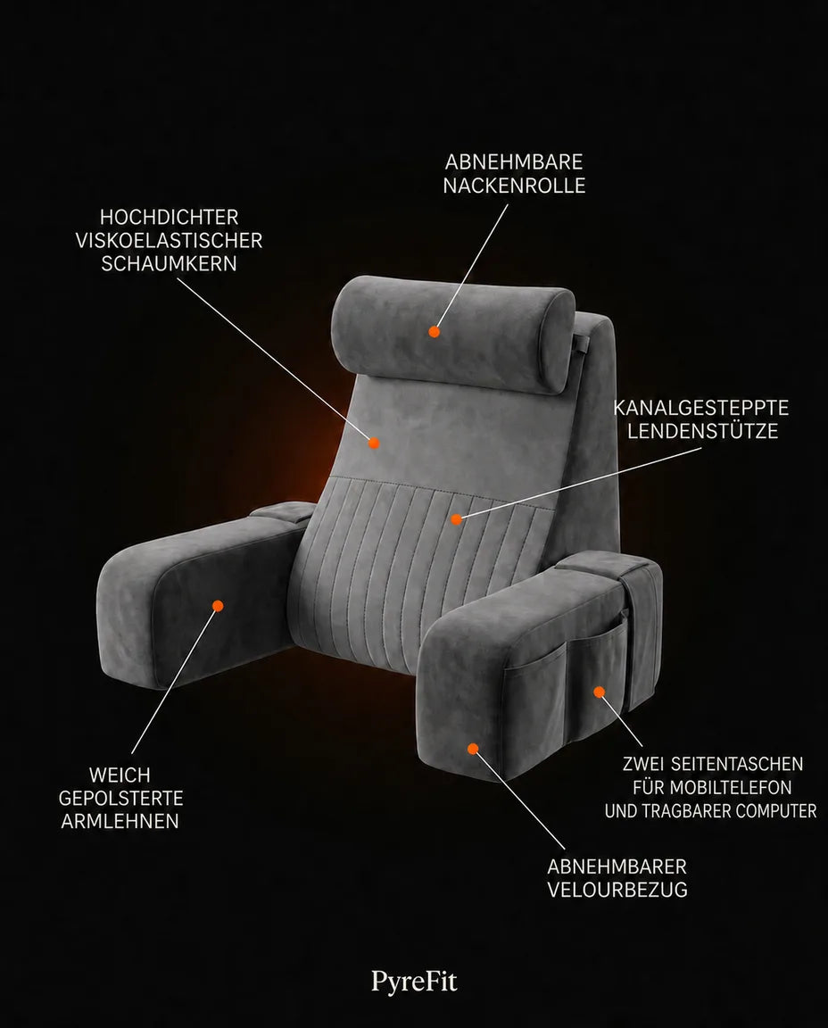 Lesekissen fürs Bett mit Memory-Schaum – aufrechte Stütze mit Armlehnen und Seitentaschen – Produktbild 6