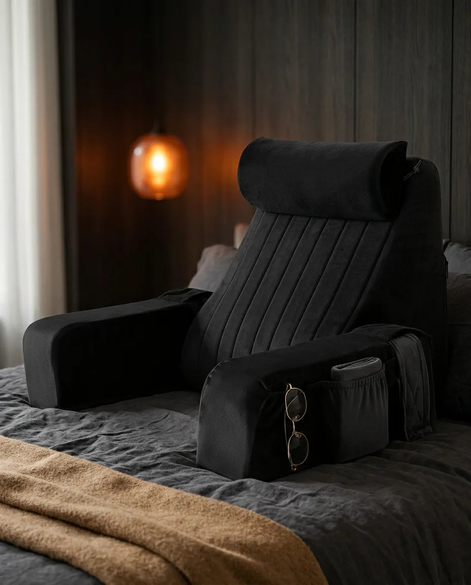 Lesekissen fürs Bett mit Memory-Schaum – aufrechte Stütze mit Armlehnen und Seitentaschen – Produktbild 9