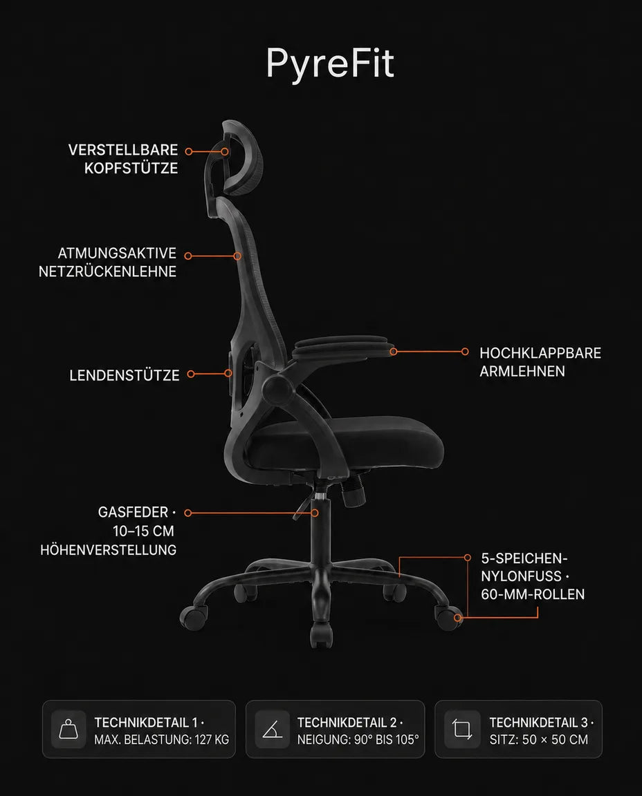 Ergonomischer Bürostuhl mit Netzrücken – Lordosenstütze für lange Arbeitstage – Produktbild 8