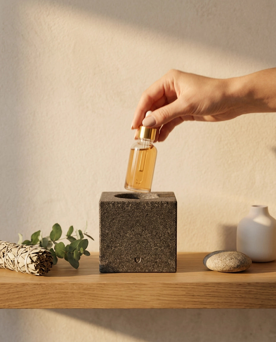 Aufbewahrung für ätherische Öle aus Granit – skulpturaler Halter für Sauna und Spa – Produktbild 3