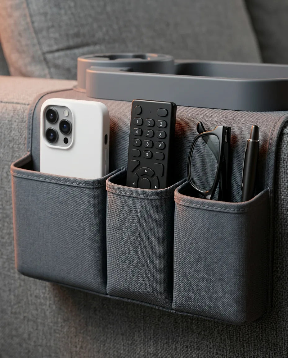 Sofa-Organizer für die Armlehne – mit Getränkehalter und Fächern für Fernbedienung – Produktbild 5
