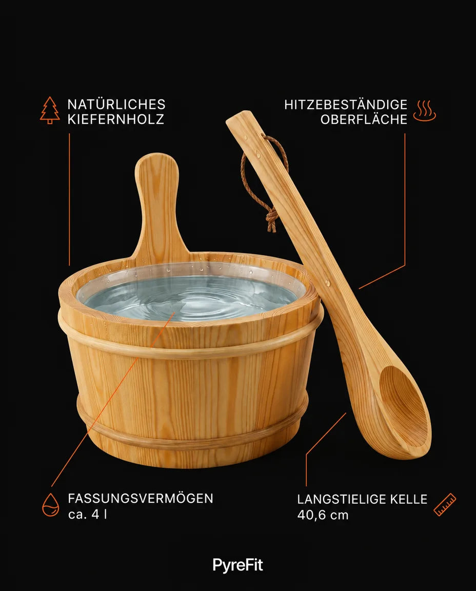 Saunakübel mit Kelle aus Holz – für Aufguss und Wasser in der Heimsauna – Produktbild 7