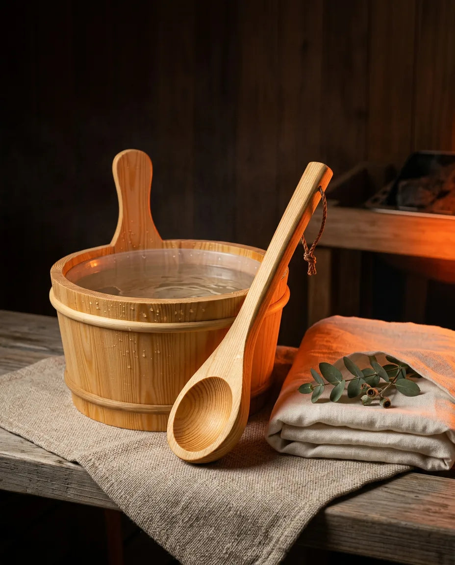 Saunakübel mit Kelle aus Holz – für Aufguss und Wasser in der Heimsauna – Produktbild 9