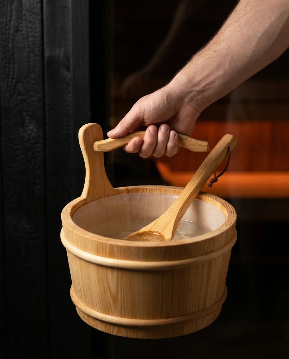 Saunakübel mit Kelle aus Holz – für Aufguss und Wasser in der Heimsauna – Produktbild 10