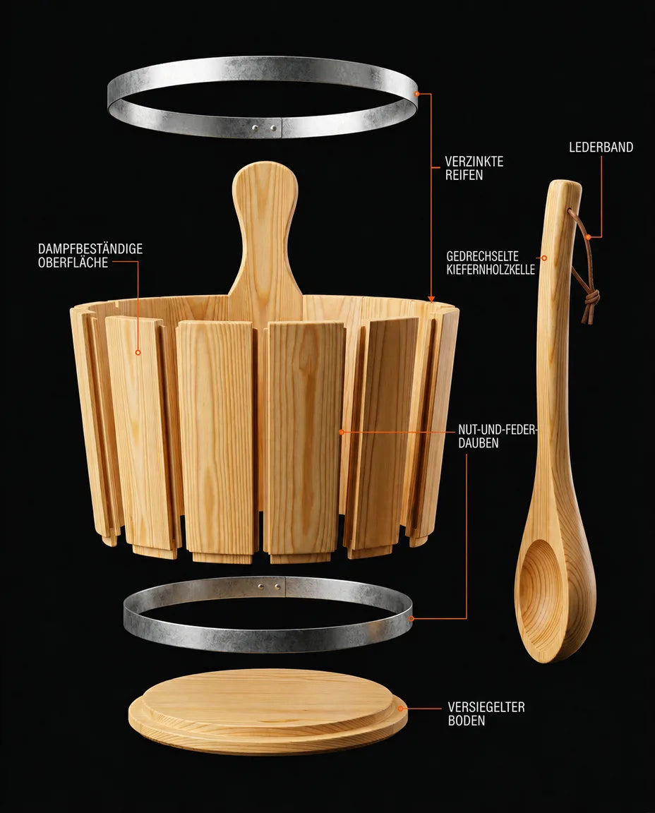 Saunakübel mit Kelle aus Holz – für Aufguss und Wasser in der Heimsauna – Produktbild 12