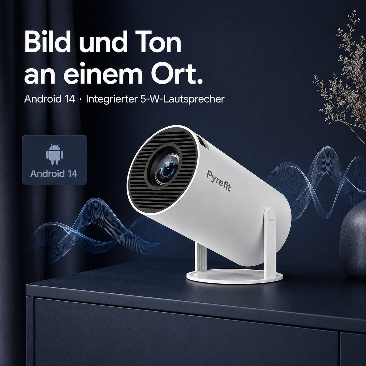 Pyrefit Mini-Beamer – Bild und Ton an einem Ort. Android 14 · Integrierter 5-W-Lautsprecher