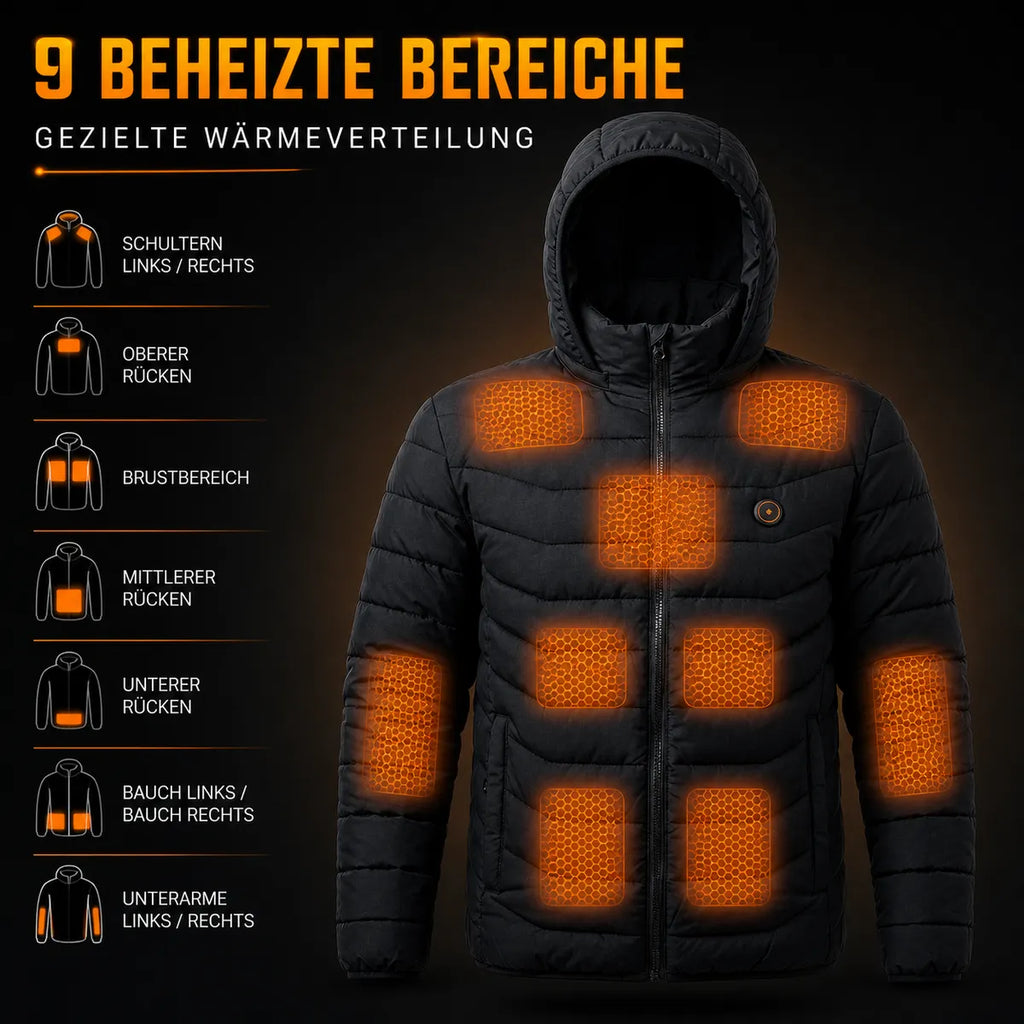 Beheizbare Jacke Schwarz – 9 beheizte Bereiche
