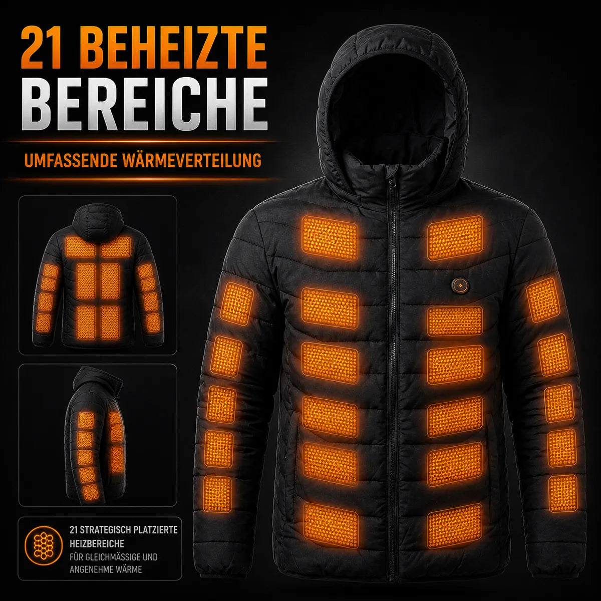 Beheizbare Jacke Schwarz – 21 beheizte Bereiche