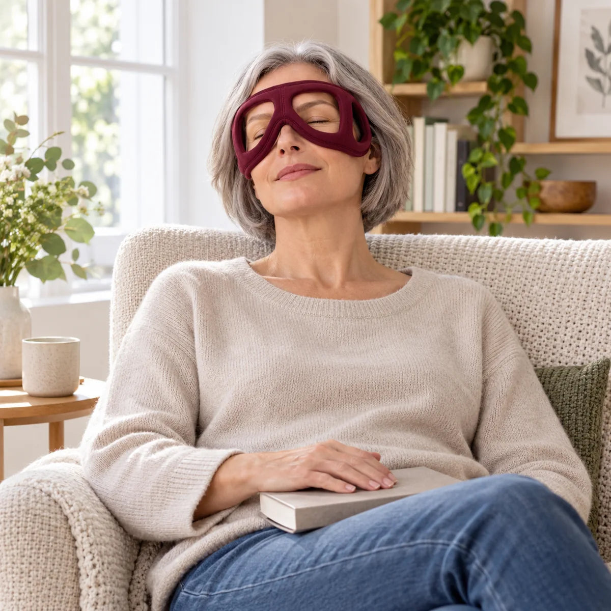 Augenmassagegerät mit Wärme – Pause im Lesesessel
