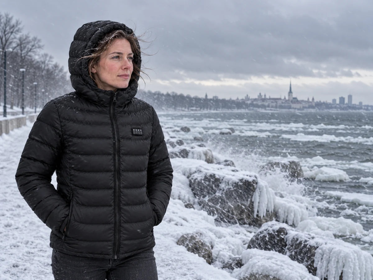 Illustration: Frau in schwarzer Heizjacke an einer winterlichen Ostseeküste.