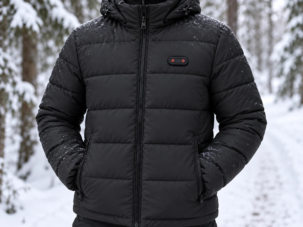 Illustration: Detail einer schwarzen NORDIK Heizjacke mit ihrer Heizsteuerung im Schnee.