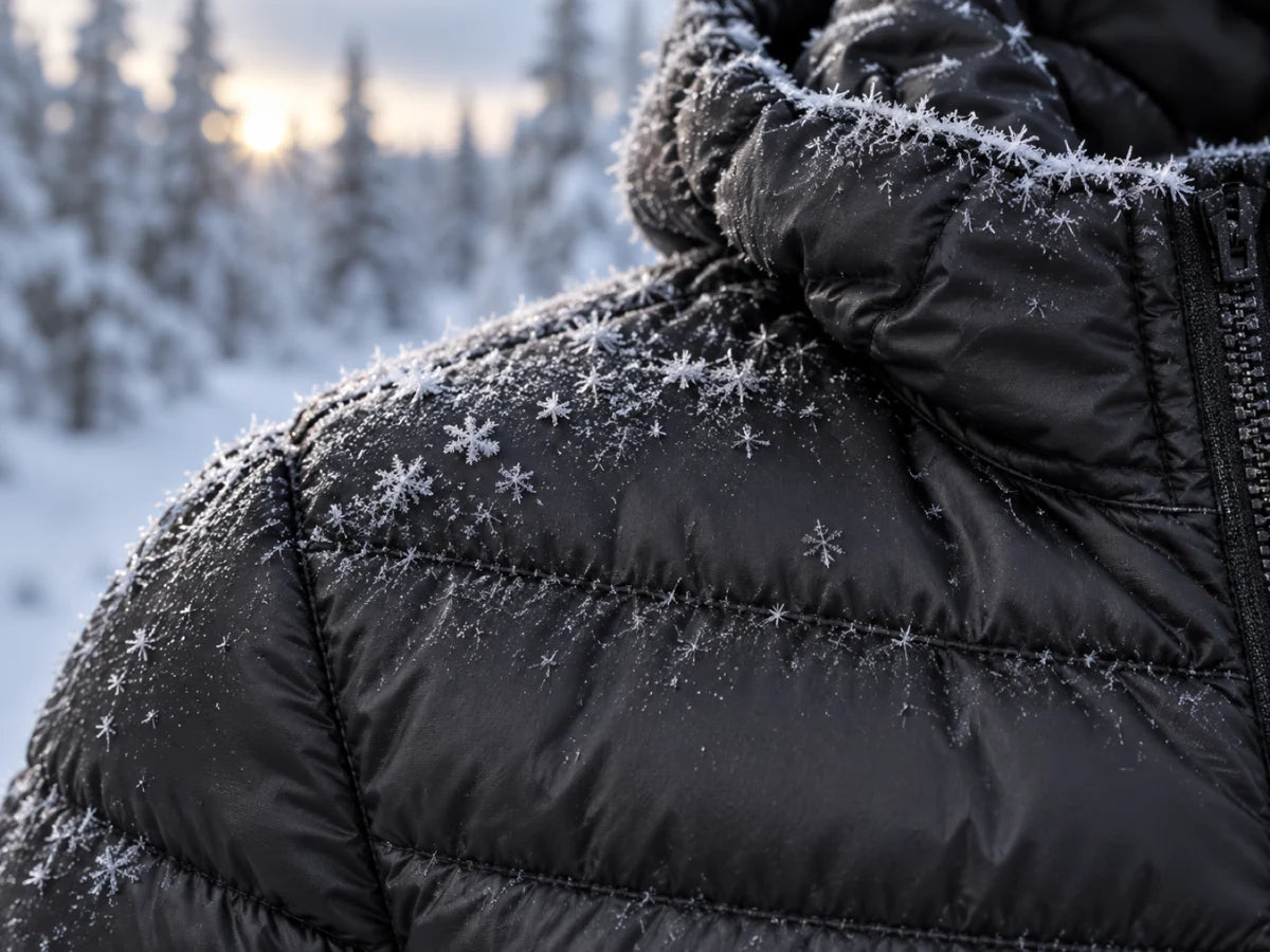 Illustration: Nahaufnahme von Schnee und Frost auf der Schulter einer schwarzen Jacke.