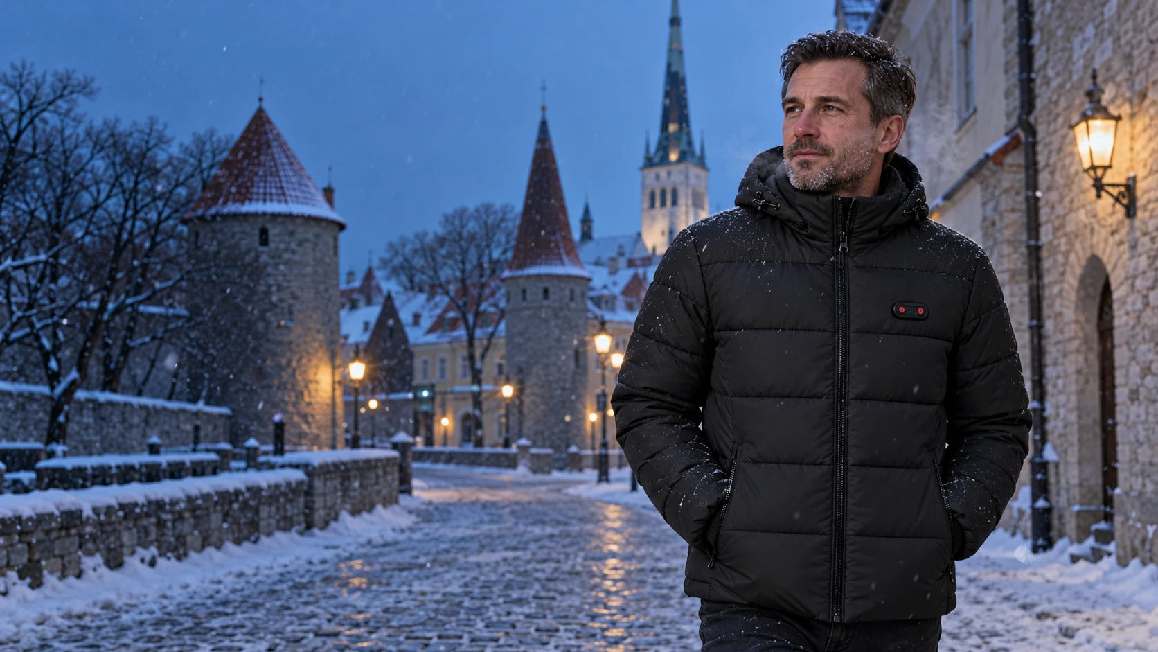 Illustration: Mann in einer schwarzen PyreFit Heizjacke im verschneiten Tallinn bei blauer Stunde.