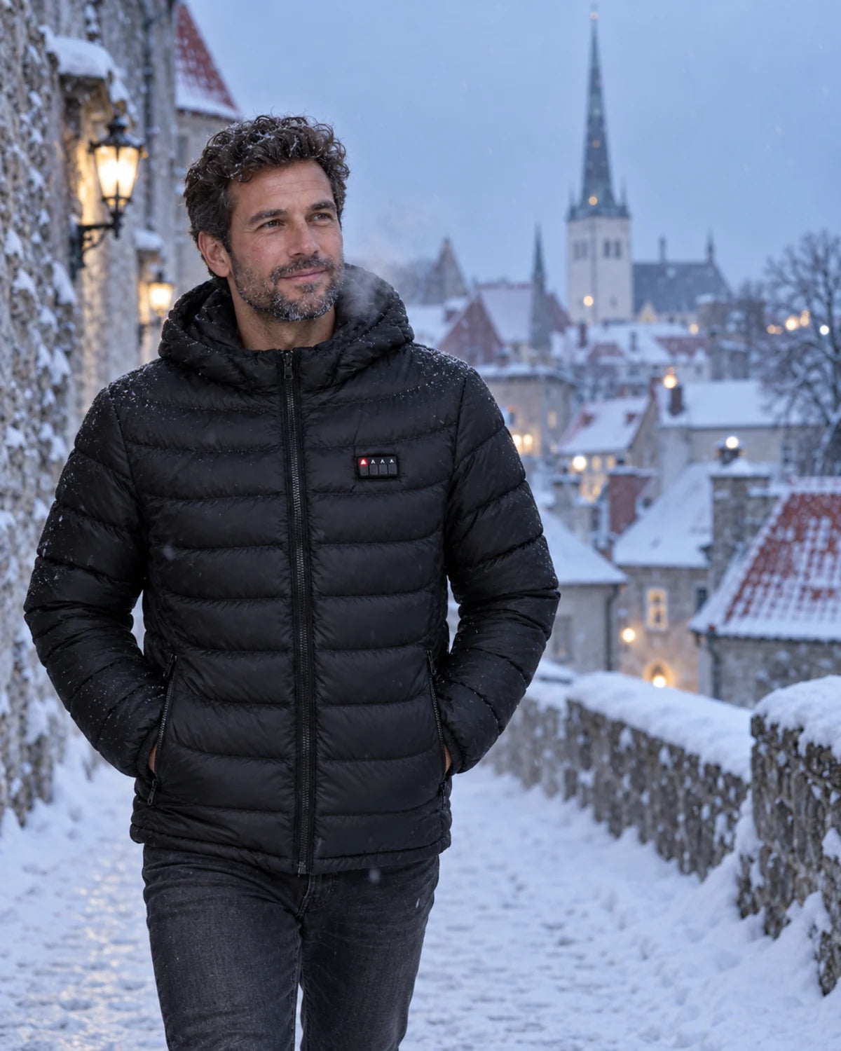 Illustration: Mann mit schwarzer Heizjacke auf einem verschneiten Platz in Tallinn.