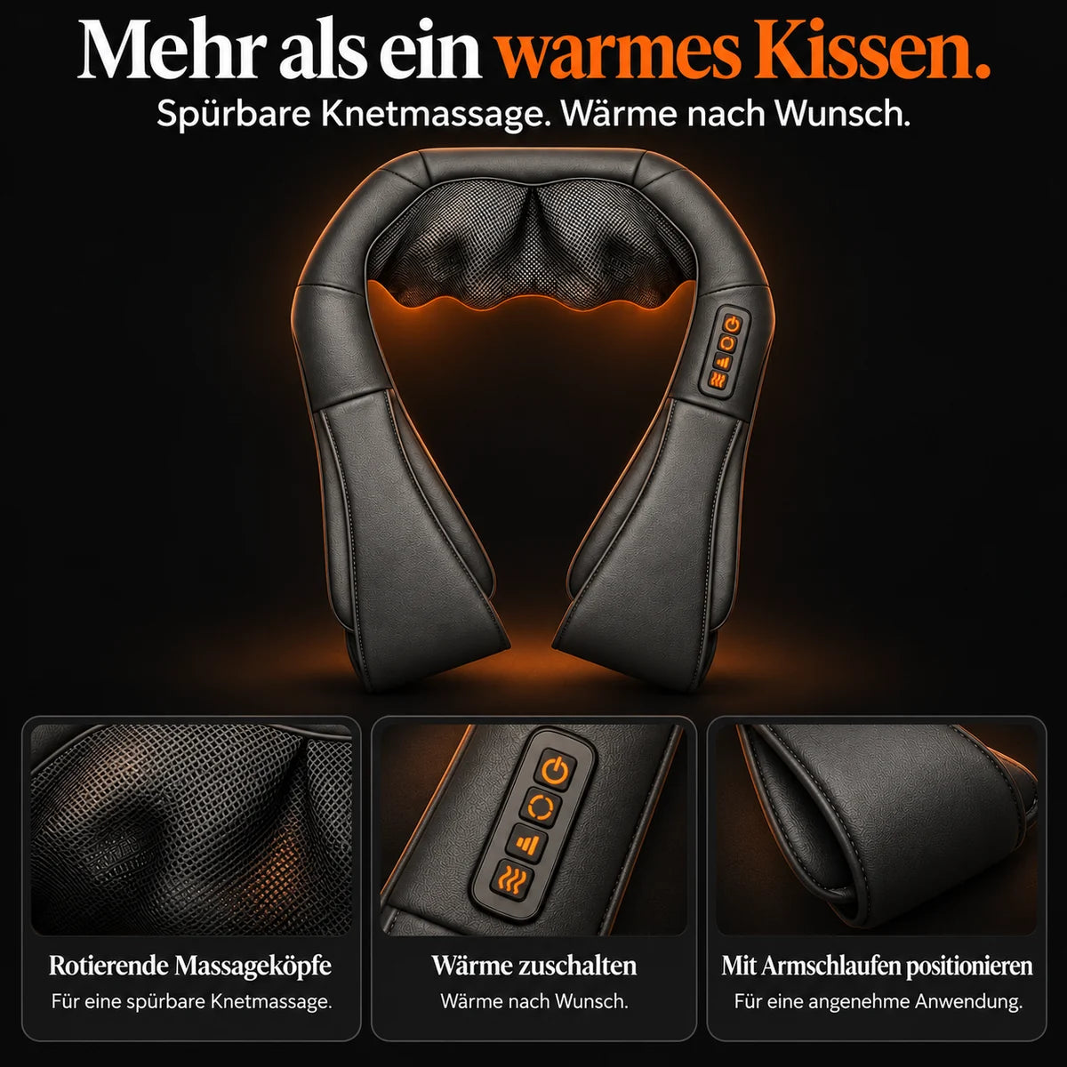 Shiatsu-Nackenmassagegerät in Grau: Massageköpfe, Bedientasten und Armschlaufen im Überblick
