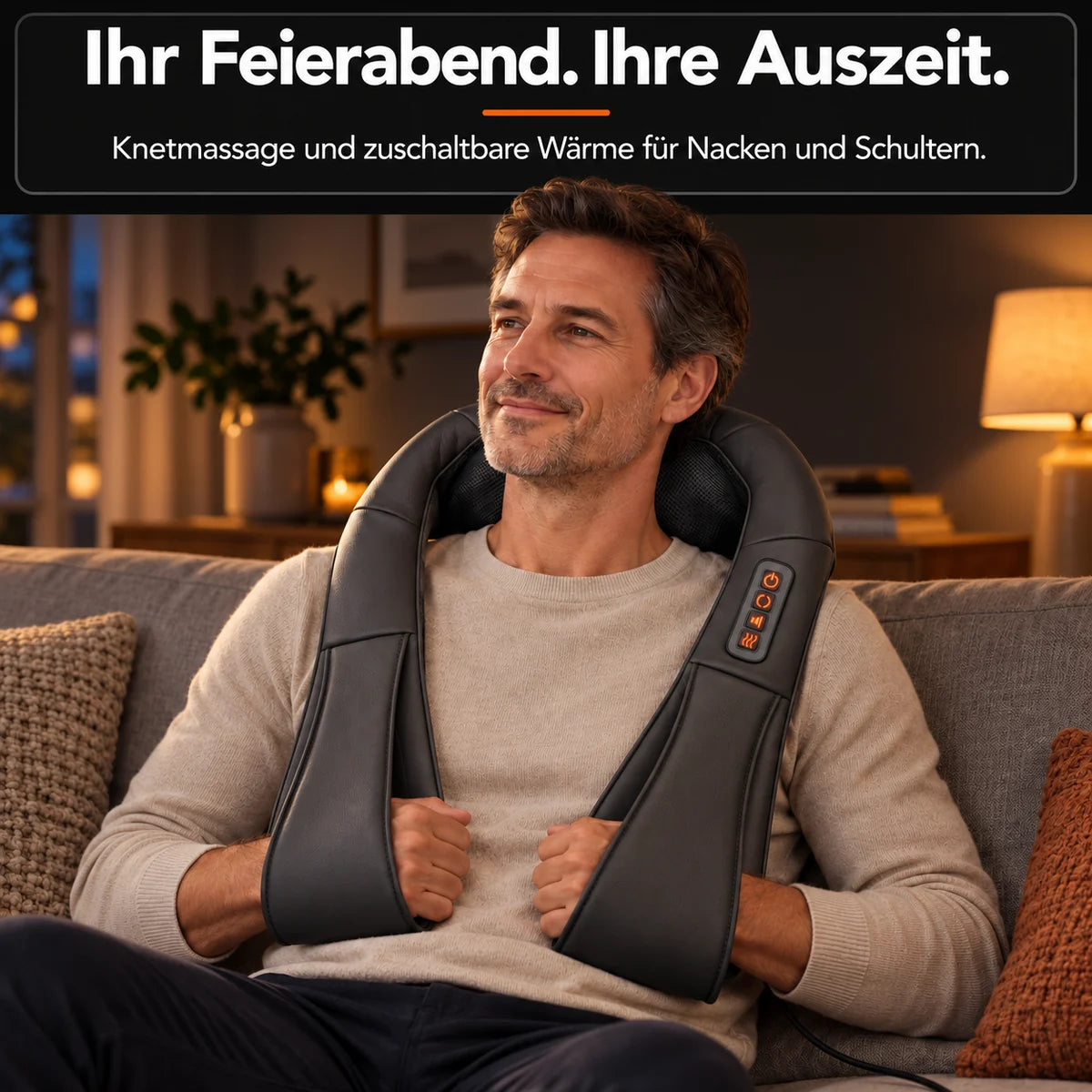 Shiatsu-Nackenmassagegerät in Grau: Massagepause auf dem Sofa nach dem Arbeitstag