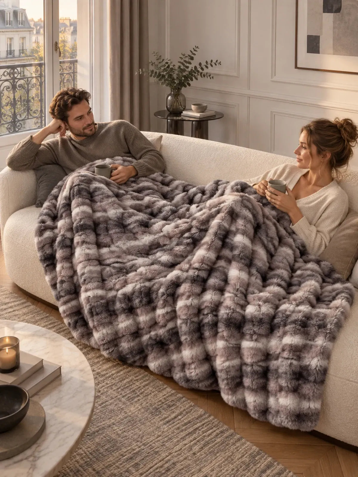 Paar auf dem Sofa mit der Decke Gris nuancé