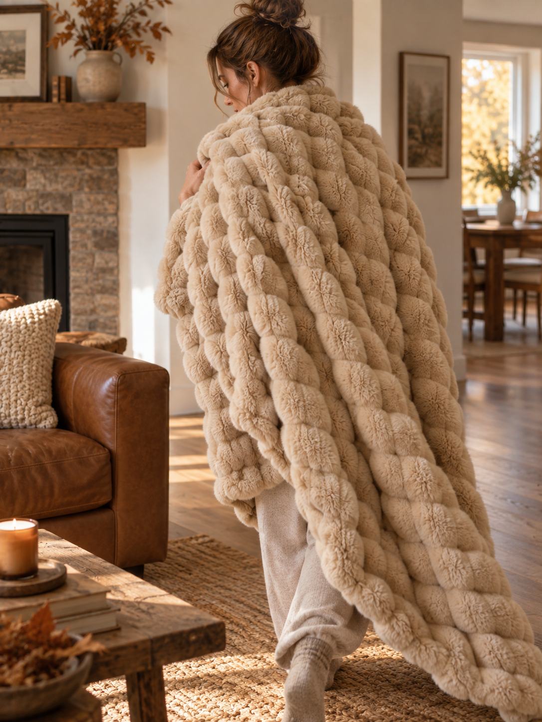 Plaid Nuage Camel — porté sur les épaules