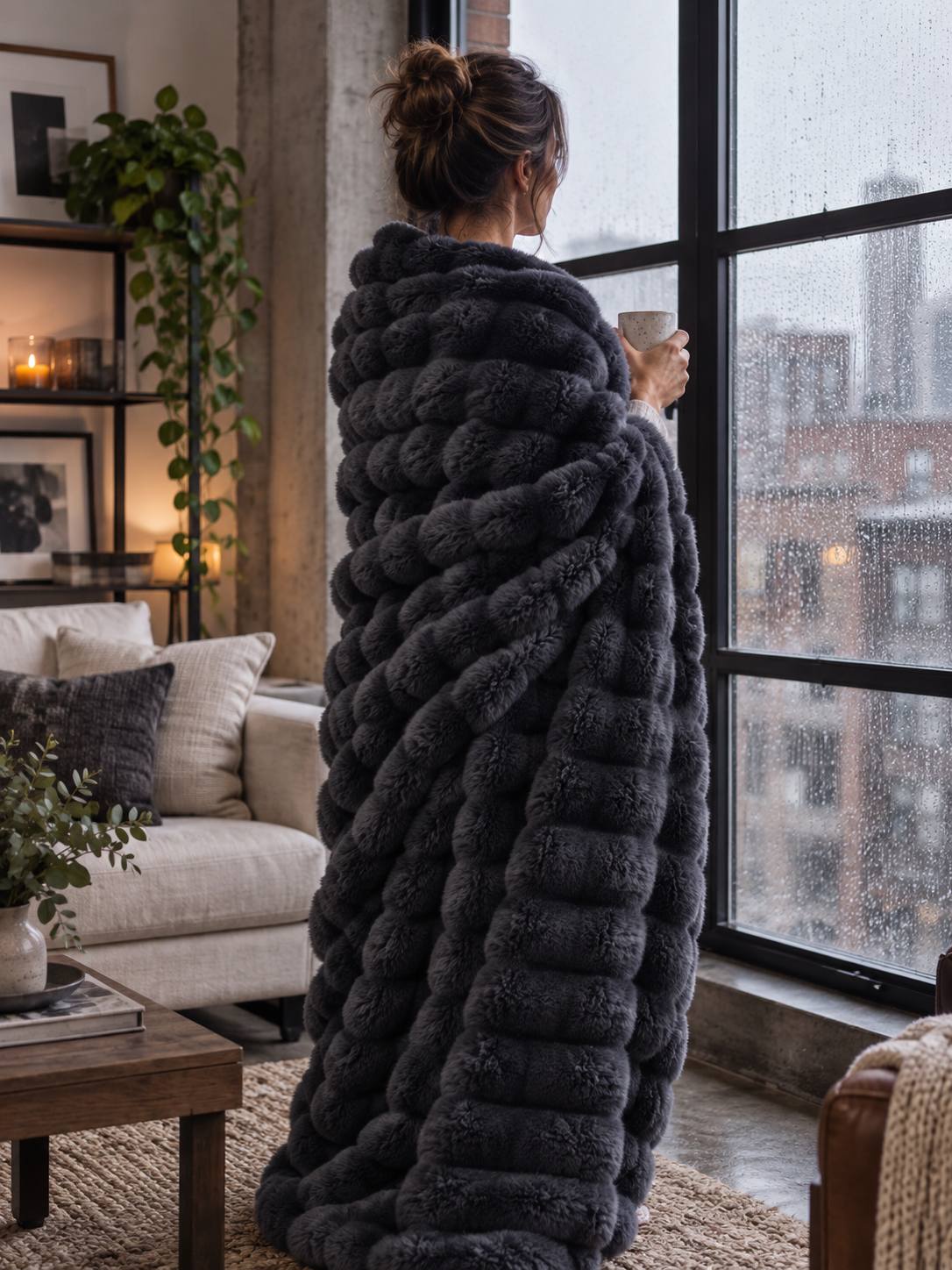 Plaid Nuage Anthracite — porté sur les épaules