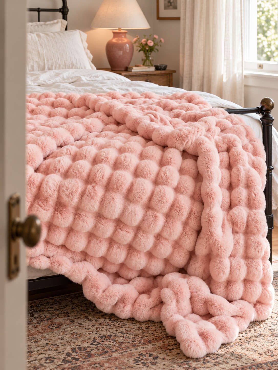 Plaid Nuage Rose poudré — posé dans un décor de vie