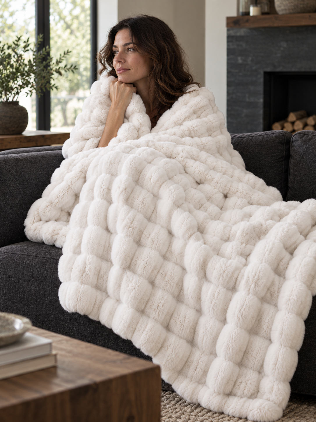 Plaid Nuage Blanc — porté sur les épaules